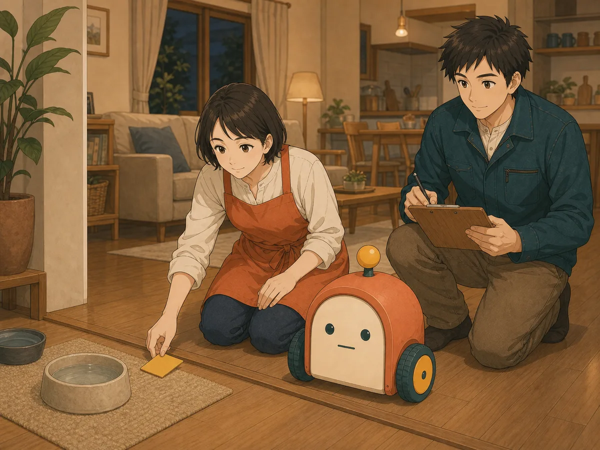 リツとナオがロボットの停止条件を決める場面